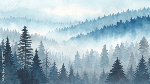 watercolor painting of a misty pine forest, soft layers of evergreen trees fading into the fog Vector background 

