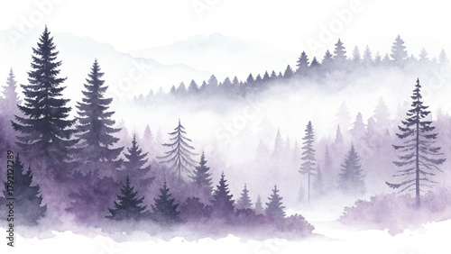 watercolor painting of a misty pine forest, soft layers of evergreen trees fading into the fog Vector background 
