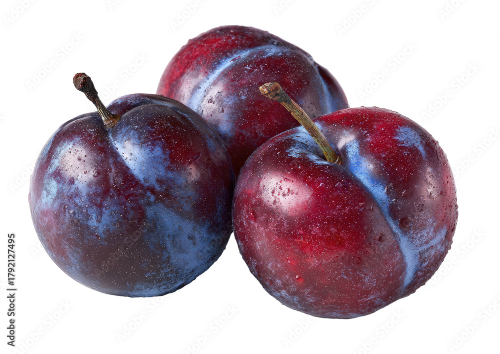 Fototapeta premium Three purple plums piled, with visible stems