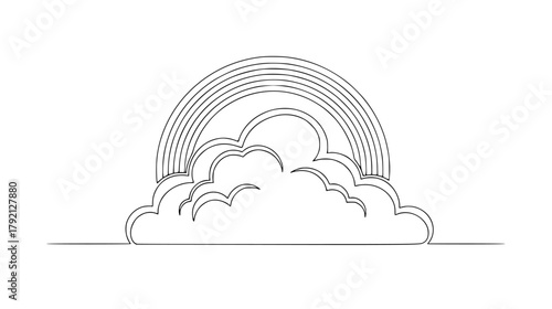 Single continuous line drawing of a cloud with a gentle rainbow arc above it, minimal abstract weather phenomenon art