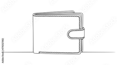 Continuous line drawing of a folded wallet, minimal abstract outline showing fold and edge stitching, finance accessory art
