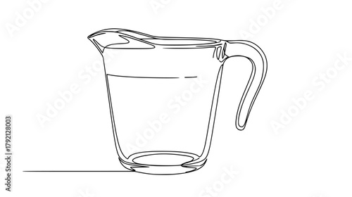 Single continuous line drawing of a glass measuring cup, minimal abstract outline with handle and measurement mark, kitchen precision art