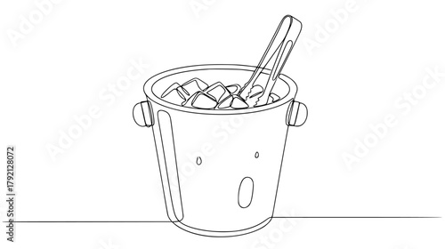 One continuous line drawing of an ice bucket with tongs resting on the rim, minimal abstract chilling and service art
