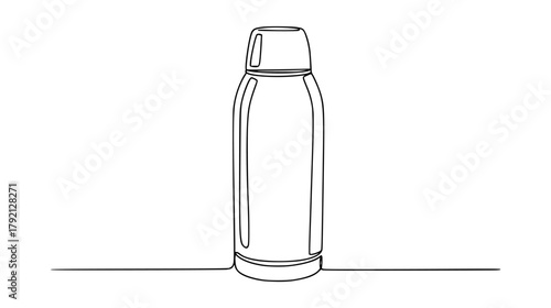 Single continuous line drawing of a travel thermos or flask, minimal abstract outline of portable drinkware and cap