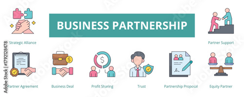 Business Partnership Lineal Color Banner Web Icon Set Vector Illustration