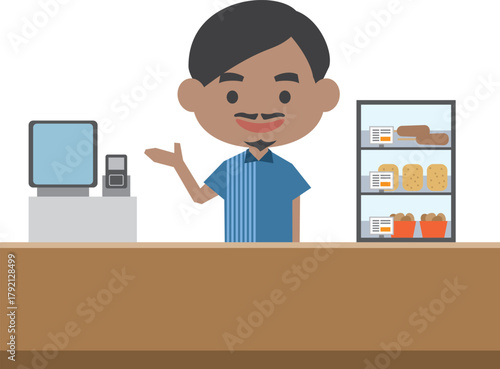 レジで接客をする外国人男性店員のイメージイラスト