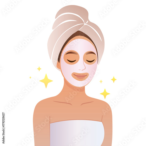 Woman with face mask and towel in spa treatment. Vector illustration