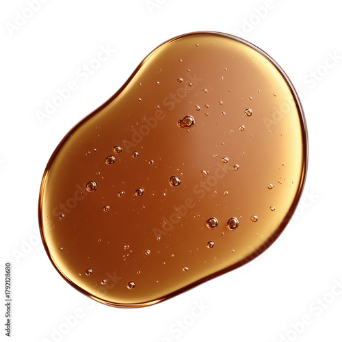 A mesmerizing macro shot of a glistening amber fluid drop, its intricate surface texture showcasing a network of bubbles reflecting light.