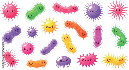Cute cartoon bacteria and viruses with happy faces