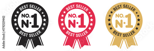 three best seller badges in gold, red, and black and white, vector ribbons featuring number one design for awards, recognition, and product promotion.