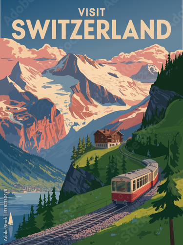 Switzerland travel poster retro style with train journey through snowy swiss mountains
