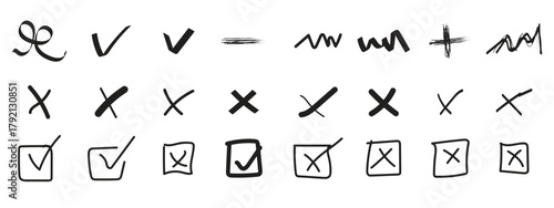 Collection of hand drawn check marks x marks and boxes with ticks and crosses isolated on white background