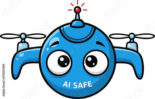 Cute Blue AI Safe Drone Character with Propellers and Blinking Light.