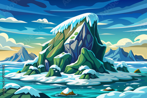 White snow covering jagged coastal rocks wallpaper background beside icy frozen sea waves