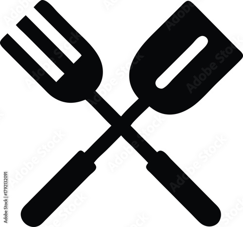 Kitchen utensils icon, fork and spatula crossed for cooking and dining.