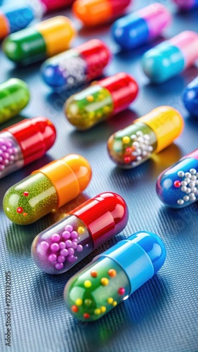 Colorful capsules with antimicrobial resistance symbols reflecting on a sterile laboratory surface