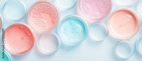 Petri dishes with colorful cultures, scientific research, growth and development, laboratory observation, biological analysis.