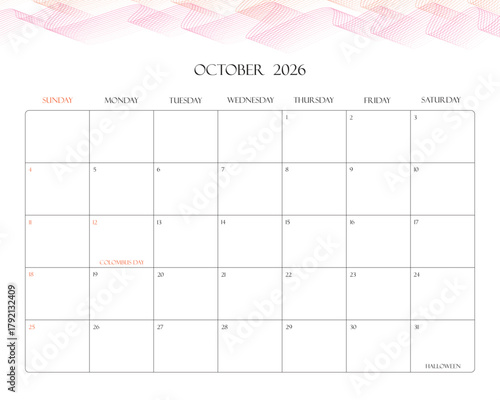 Minimalist 2026 Desk Calendar Printable – October
