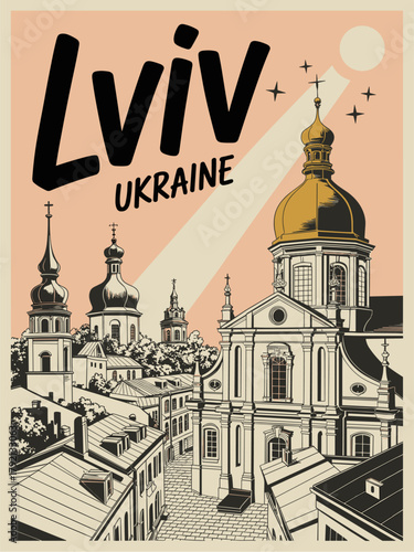 Stylized black and white vintage travel illustration of Lviv, Ukraine with baroque churches, cobblestone streets, and gold domes, elegant cityscape art with timeless atmosphere