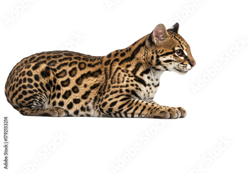 Fotografie Isolated Ocelot feline lying down, beautiful wild cat predator with leopard prin