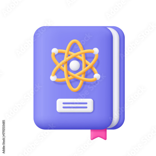 Purple science book with atom symbol. Physics, chemistry, knowledge, learning and education concept. 3d vector icon. Cartoon minimal style.