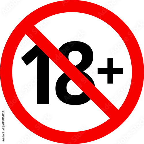 18 sign warning symbol isolated on white background, 18 plus, censored, under 18 only censored, eighteen age older forbidden adult content.