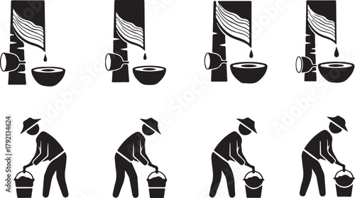 Rubber Tapping Process Icons: Tree Sap Collection and Farmer at Work