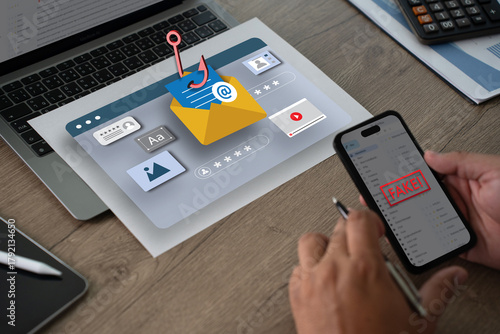 phishing email Email attachment warning man using his laptop to email scam and phishing