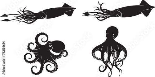 Black Silhouette Illustrations of Squids and Octopuses on White Background