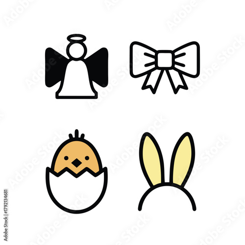 Easter & Festive Icon Set: Angel, Bow, Hatching Chick, and Bunny Ears Symbols