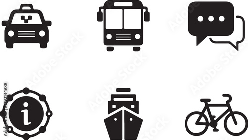 Collection of Transportation and Communication Icons: Taxi, Bus, Chat, Info, Ship, Bicycle