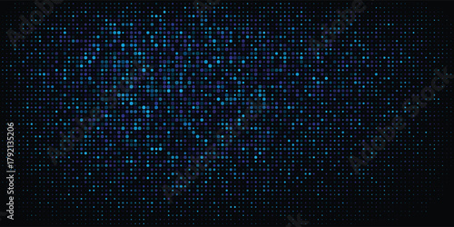 Abstract geometric halftone texture with luminous blue and teal dots on black.