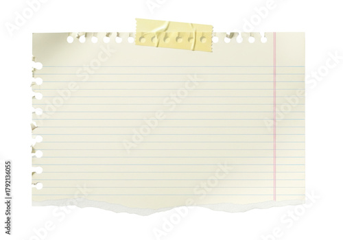 A piece of lined paper with a torn bottom edge, taped to a transparent background