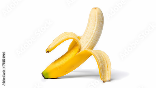 Partially peeled banana isolated on white background shows its yellow flesh, a healthy and delicious tropical fruit ready to be eaten