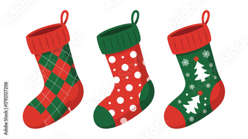 Christmas Stocking Set with Holiday Patterns on white background 