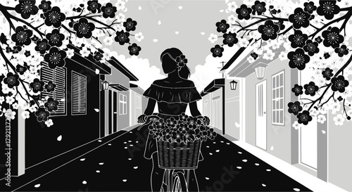 Vector silhouette of a woman on a bicycle under blossom trees. Design for travel agency promos, spring fashion campaigns, or romantic themed websites. EPS version.