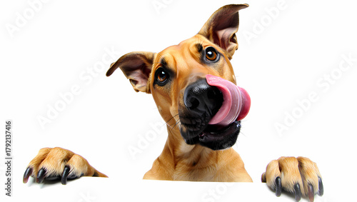 Funny dog licking its nose with paws up, creating a humorous and endearing image isolated on white background, perfect for pet lovers