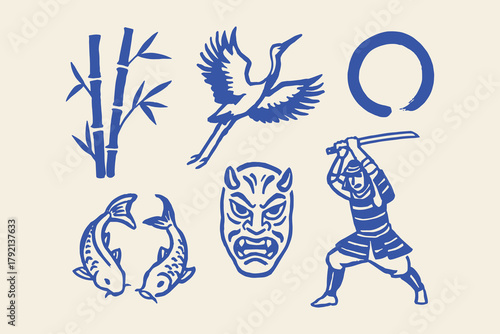 Japanese samurai crane koi bamboo hand drawn vector illustration