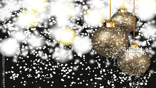 Elegant sparkling blurred background featuring hanging Christmas balls and glowing festive lights. Includes soft bokeh effects, shimmering sparkles