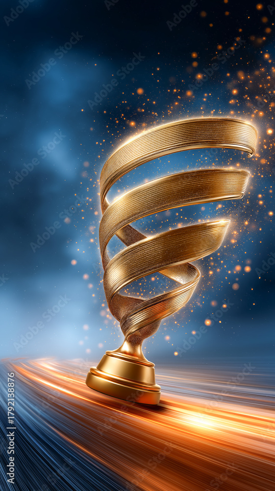 Naklejka premium Dynamic scene with a golden trophy and flying ribbons surrounded by golden particles. Symbol of victory, achievement, and sports triumph.