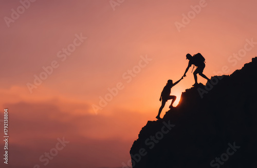 Wallpaper Mural Silhouette hikers mountain sunset teamwork support on cliff with uplifting mood Torontodigital.ca