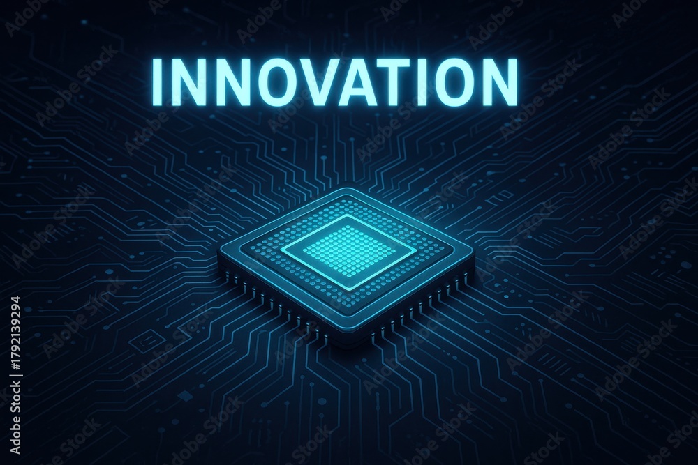 Fototapeta premium Innovative microchip glowing against a dark background, symbolizing breakthroughs in technology and the future of digital advancements. Emphasis on creativity and tech evolution.