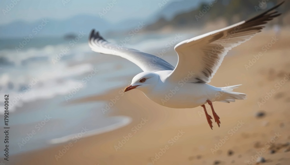 Fototapeta premium Close-up of a Seagull in flight at the beach.