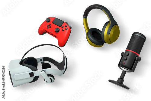 Gaming accessories like headphones, VR headset, mic, mouse, and controller isolated on white background with clipping path