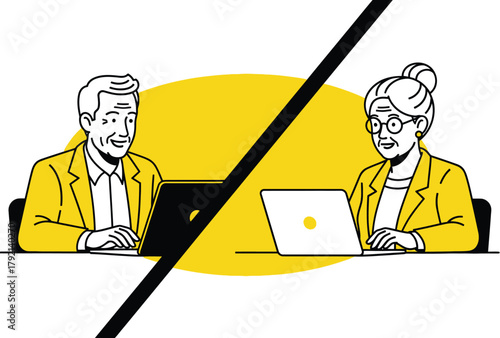 Senior professionals collaborating online from home with laptops now