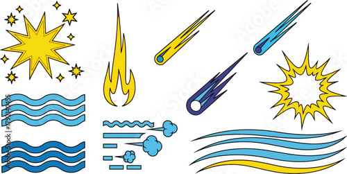 Dynamic cartoon elements set fire stars comets water wind explosion
