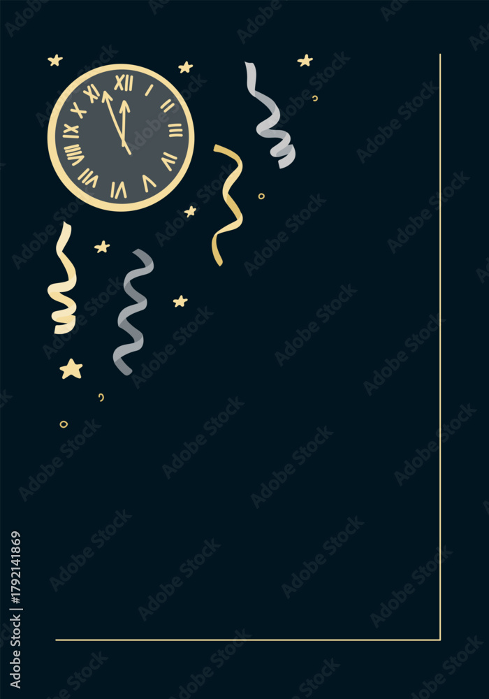 Obraz premium New year midnight clock with gold streamers and stars on dark festive background. Hand drawn vector illustration symbolizing countdown, celebration and party invitation