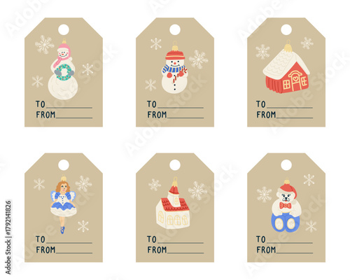 Set of Christmas gift tags with cute ornaments, snowmen, house and ballerina on beige background. Hand drawn vector illustration symbolizing eco packaging, holiday joy and festive gifting