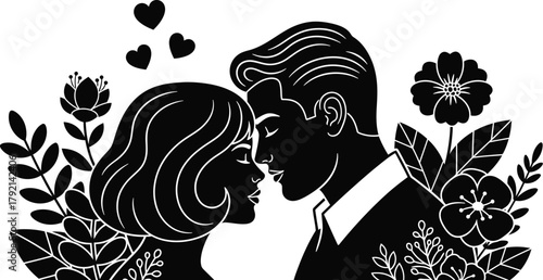 Romantic couple sharing intimate moment surrounded by beautiful blooming flowers