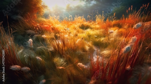 dramatic autumn meadow, glowing sunset, vibrant colors, tall grass, flowers, mystical atmosphere, cinematic lighting, digital art, highly detailed, photorealistic
